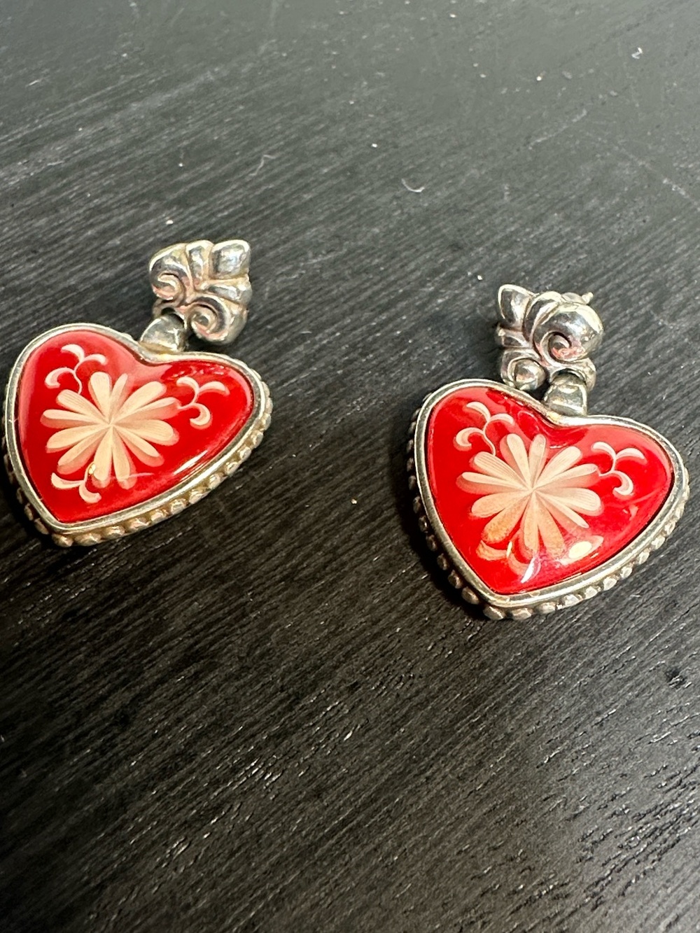 Brighton Red Heart Drop Earrings with Floral Motif